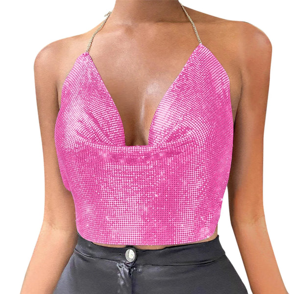 Sexy Backless Mesh Metal Cropped Top Tee - FashionBlom