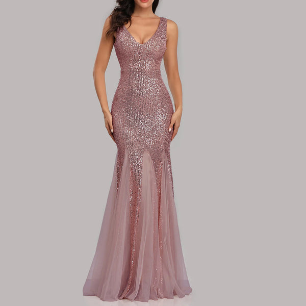 Glitter Double V Neck Long Maxi Formal Dress - FashionBlom
