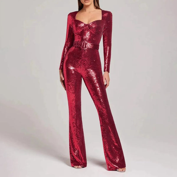 Fashion Sequins Belt Glitter Slim Long Sleeve Jumpsuit - FashionBlom